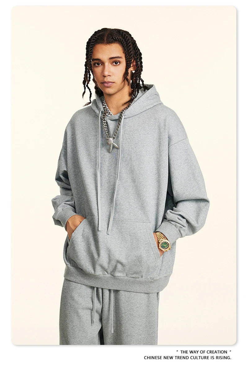 ZODF New Autumn Winter Solid Heavy Weight Hoodies For Men Unisex Basic Loose 440gsm Knitted Hooded Pullovers HY0886