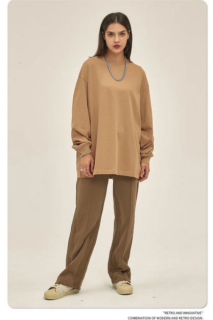 ZODF New 2025 Autumn Men 305gsm 100% Cotton T Shirt Unisex Loose Heavy Weight Basic Long Sleeve Solid T-Shirts Tops HY0634