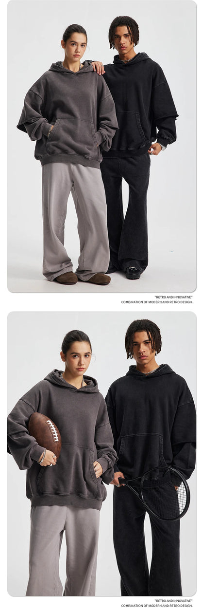 ZODF New Autumn Men's Washed Heavy Weight Cotton Hoodies Unisex Retro Fake 2 Peice 430gsm Loose Edge Hooded Pullovers HY1082