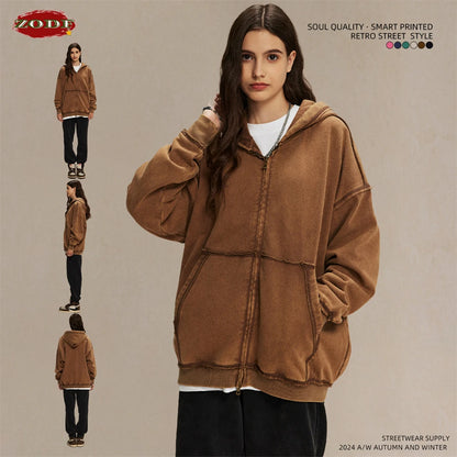 ZODF Retro Men's Heavyweight 450gsm Zipper Hoodies Unisex Loose Distressed Washed Batik Knitted Hooded Coat Jacket HY0889