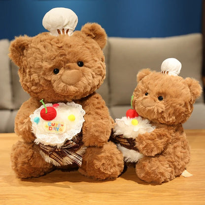 Chef Bear Plush Toy Cute Birthday Cake Bear Soft Stuffed Baby Doll Kids Sleep Pillow Sofa Adorable Cushion Birthday Xmas Gift