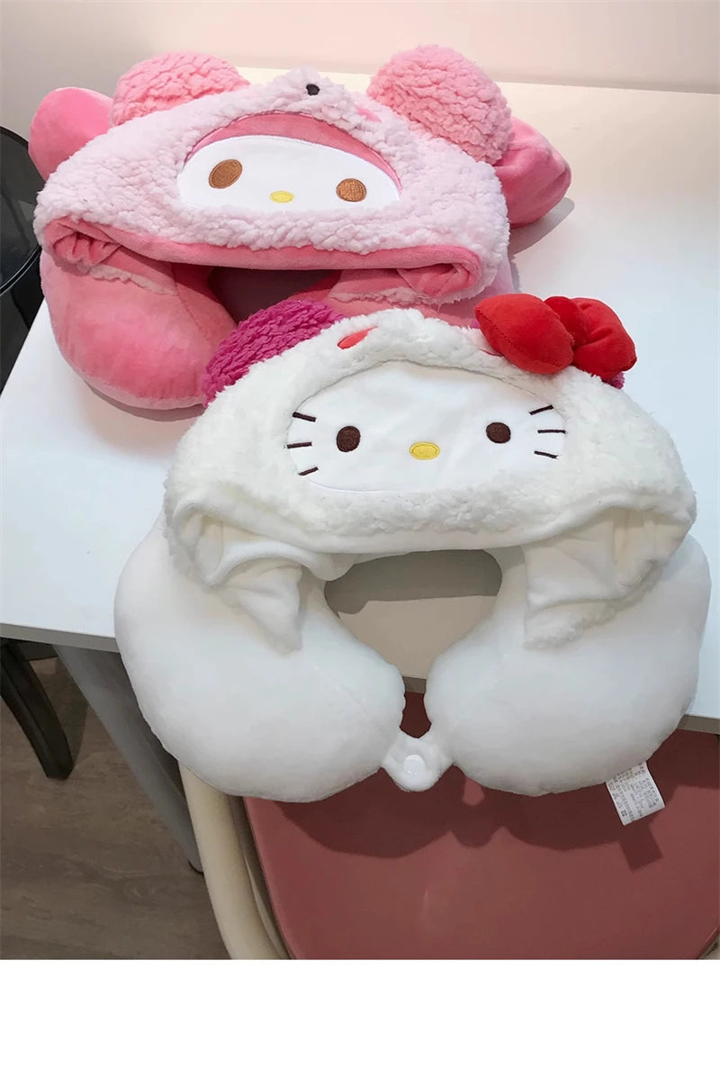 Stuffe Anime Hooded U-shaped Neck Pillow Hello Kitty Kuromi My Melody Travel Blackout Neck Pillow Office Nap Pillow Girl