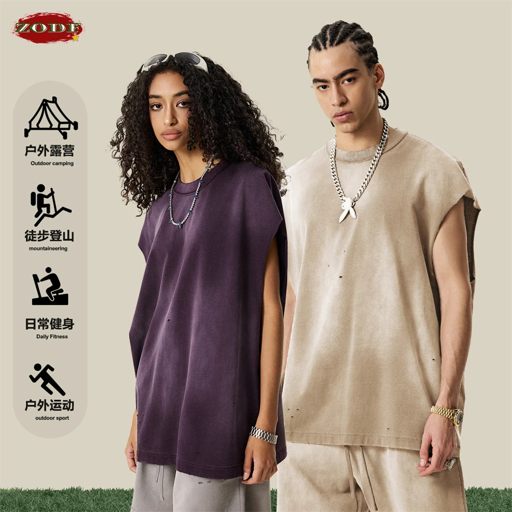ZODF 2025 Summer 285gsm Washed Tank Tops For Men Unisex American Retro Cut Distressed Oversized Sleeveless TEE Vest HY1006