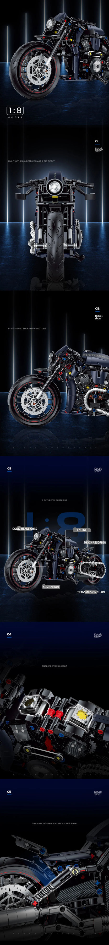 New 1:8 Night Racer Motorbike Building Blocks Sets MOC Bricks Motorcycle Model Christmas Gifts for Boys Kids Children 500+pcs