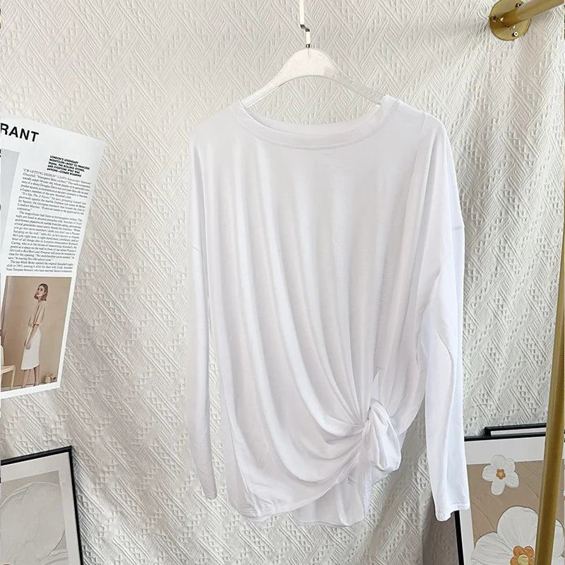 Women’s Long Sleeve Yoga Shirt O-Neck Breathable Loose Fit Sports Top for Running Pilates Gym Fitness - White / M