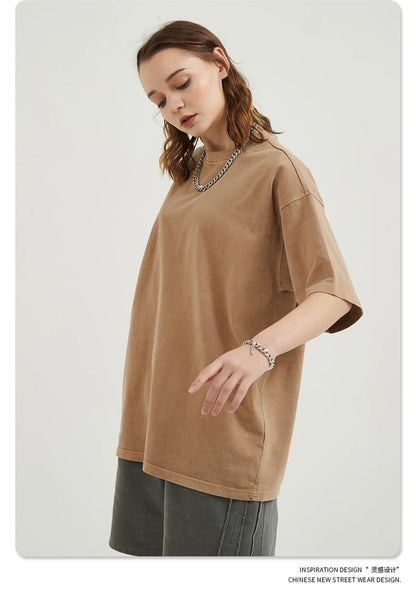 ZODF Men 2024 Retro Summer Washed Solid Cotton T-Shirts Unisex Retro Loose High Street 250gsm Basic Tees Streerwears HY0075