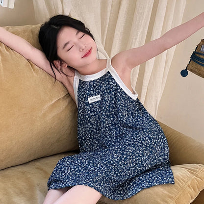 Kids Girls Nightgown Cartoon Nightdress Girl Sleepwear Nightie Summer Sleeveless Floral Print Cats Nightwear Children Clothes