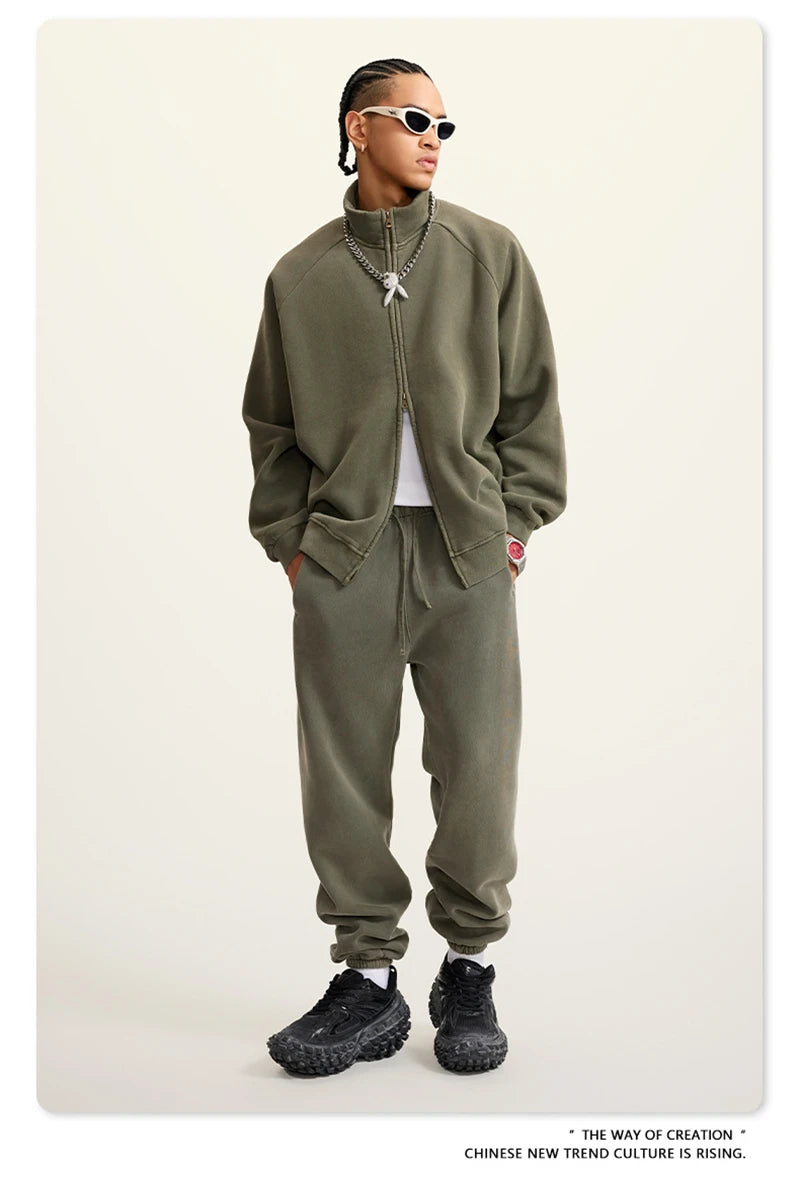 ZODF Retro Winter Men Washed Fleece Zipper Jackets Unisex Loose Oversized 400gsm Raglan Sleeve Coats Streetwears HY0649