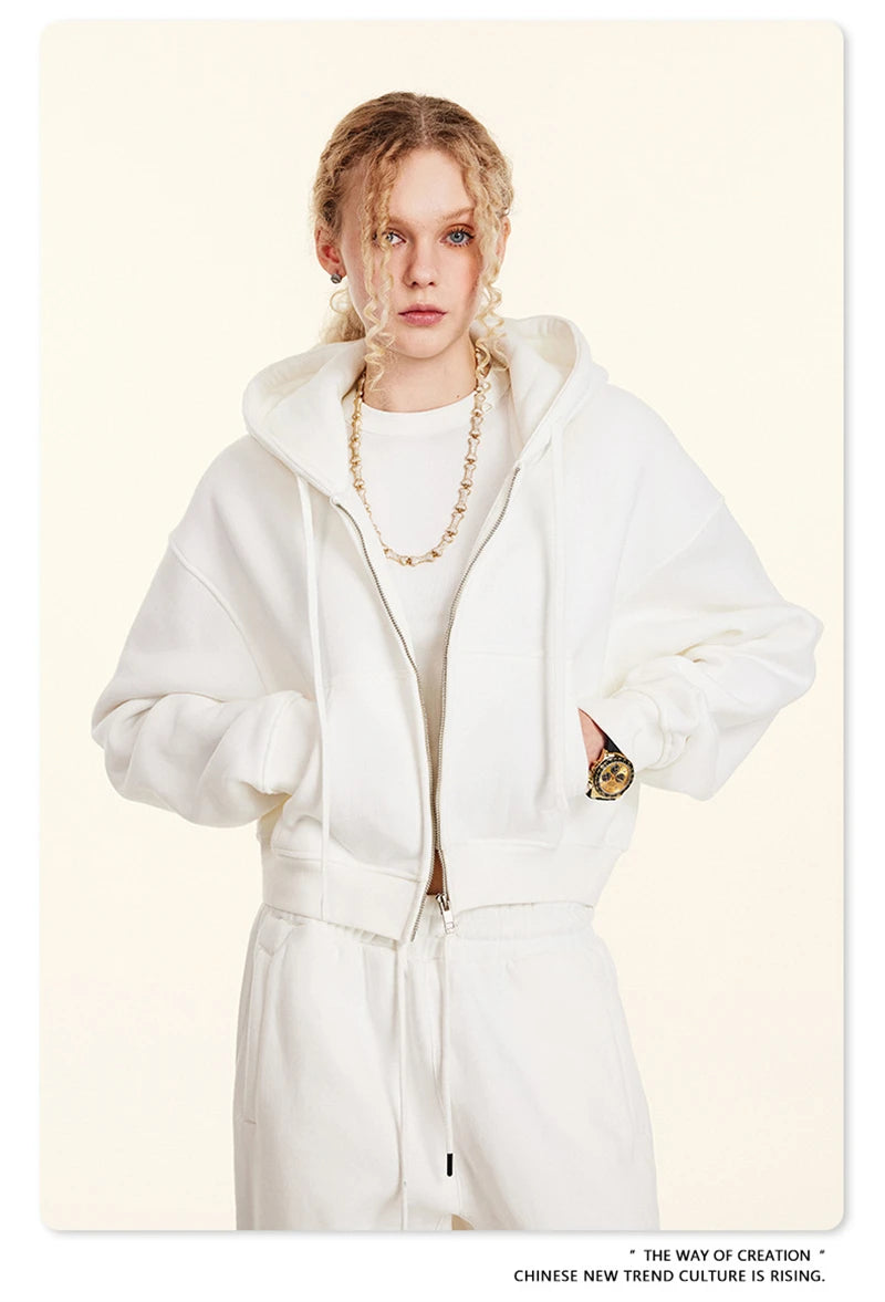 ZODF 2024 Winter Women Zipper Crop Hoodies Female Girls Solid 345gsm Warm Fleece Short Hooded Zip-Up Coat HY0911