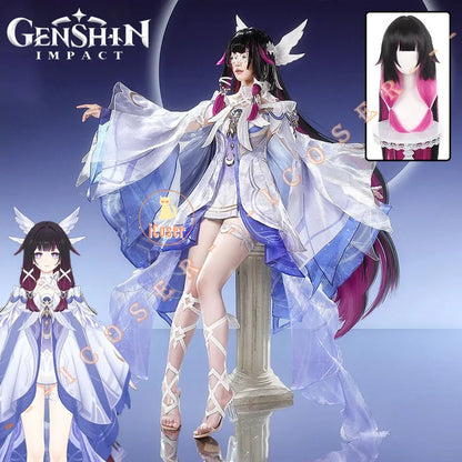 Genshin Impact Columbina Cosplay Costume Wig The Damselette Dress Eye Mask Headwear Metal Props Eleven Fatui Harbingers Women