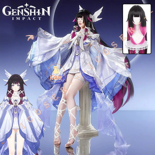 Genshin Impact Columbina Cosplay Costume Wig The Damselette Dress Eye Mask Headwear Metal Props Eleven Fatui Harbingers Women