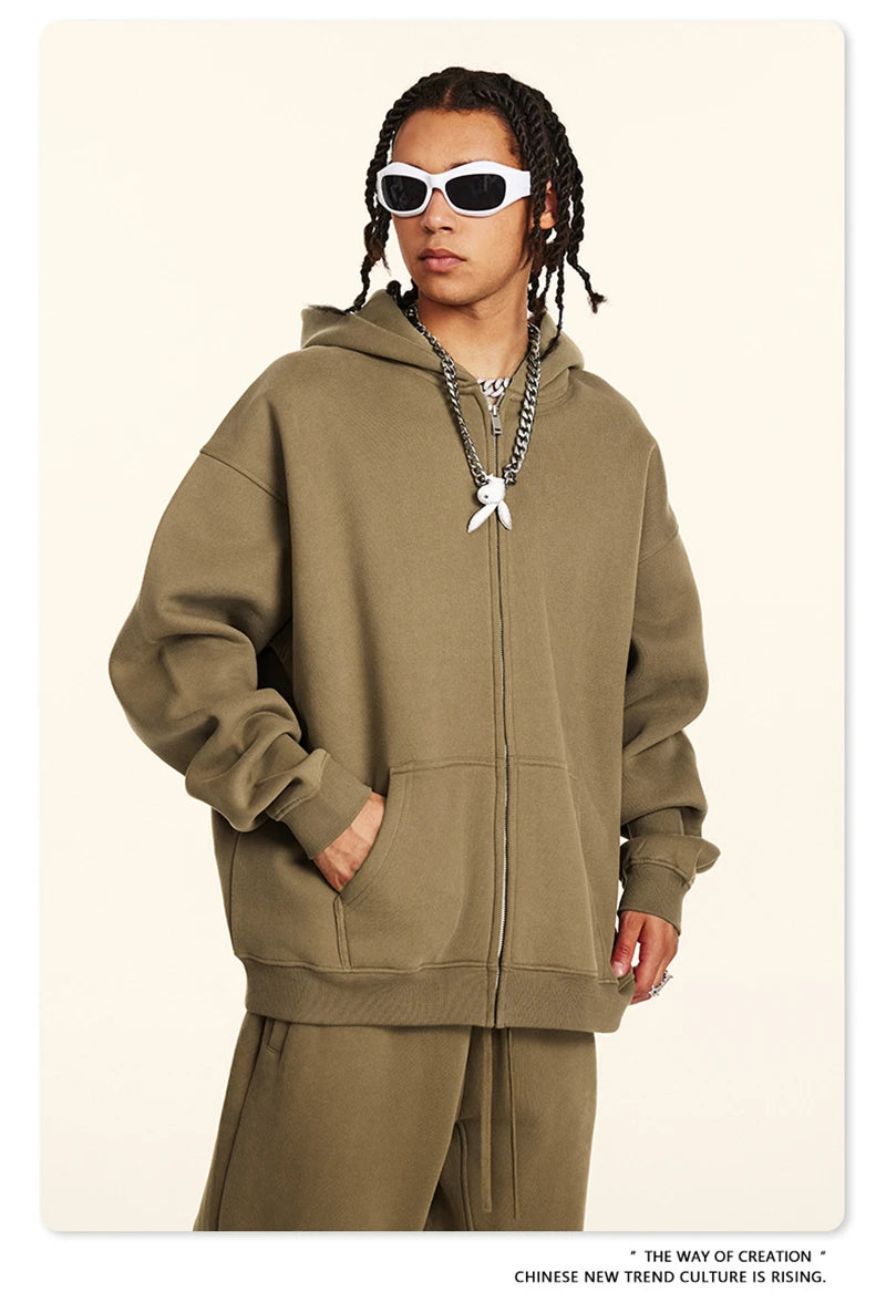 ZODF Fashion Winter Men Warm Zipper Fleece Hoodies Unisex Loose Basic 345gsm Knitted Hooded Hoodie Coats HY0904