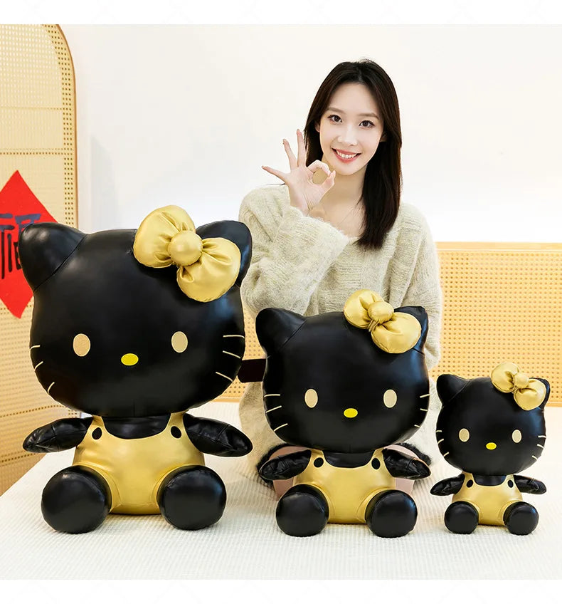 Cute Hello Kitty Plush Toy Black Gold Leather Cute Stuffed Animal Doll Kids Birthday Xmas Gift for Girls Plushie Pillow Present