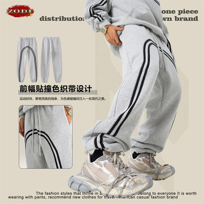 ZODF New Autumn Winter Men Fleece Sweatpants Women Unisex 332gsm Washed Ribbon Warm Joggers Pants Brand Clothes HY0877
