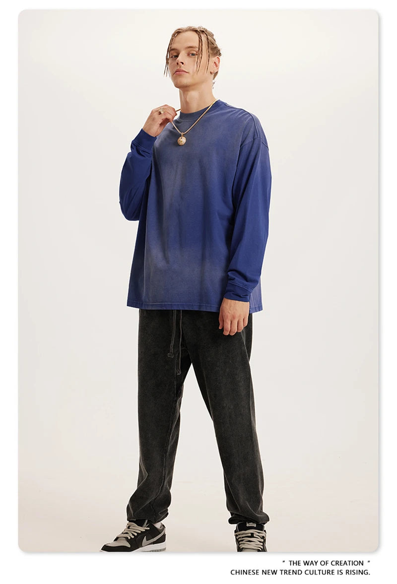 ZODF Retro Monkey Washed 260gsm Cotton T-Shirt For Men Unisex High Street Loose Full Sleeve T Shirt Brand Streetwear HY0406