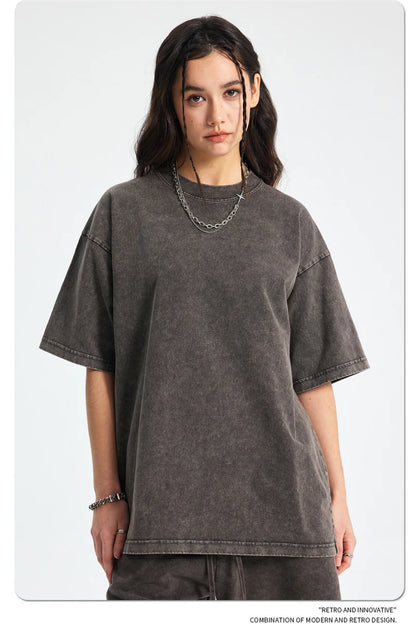ZODF 2025 High Street Summer Washed Cotton Unisex Loose Retro Solid T-Shirt HY0113