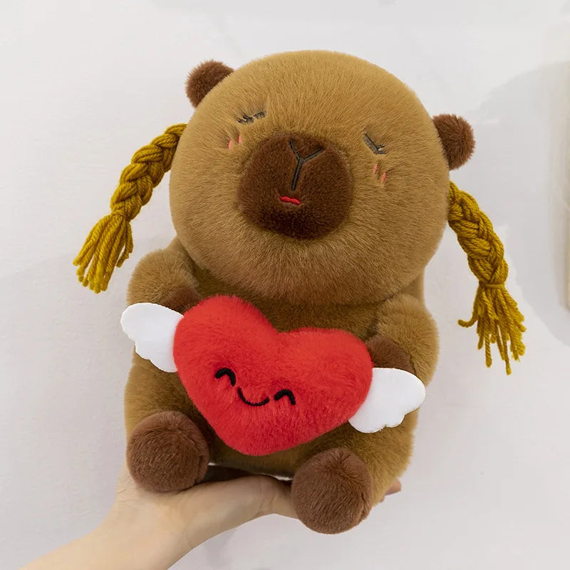 Capybara Plush Toy Cute Ugly Charming Love Heart Hair Braid Pillow Stuffed Animal Kids Birthday Christmas Gift for Children