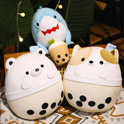 Cartoon Animals Shape Boba Stuffed Panda Polar Bear Shark Bubble Tea Plush Doll Hug Throw Pillow for Kids Round Ball Soft Drink
