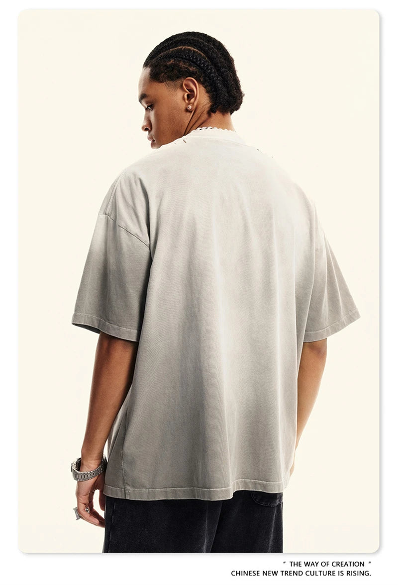 ZODF 2024 Summer Men Washed Gradient T-Shirts Unisex Women Distressed 250gsm Cotton T Shirt Brand Tees Streetwears HY0814