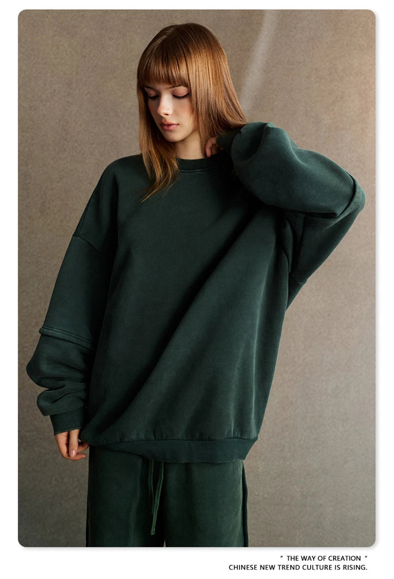 ZODF Trendy 2025 Winter Man 360gsm Washed Fleece Hoodies Unisex Patchwork Loose Fake 2 Pieces Knitted O Neck Sweatshirts HY1089