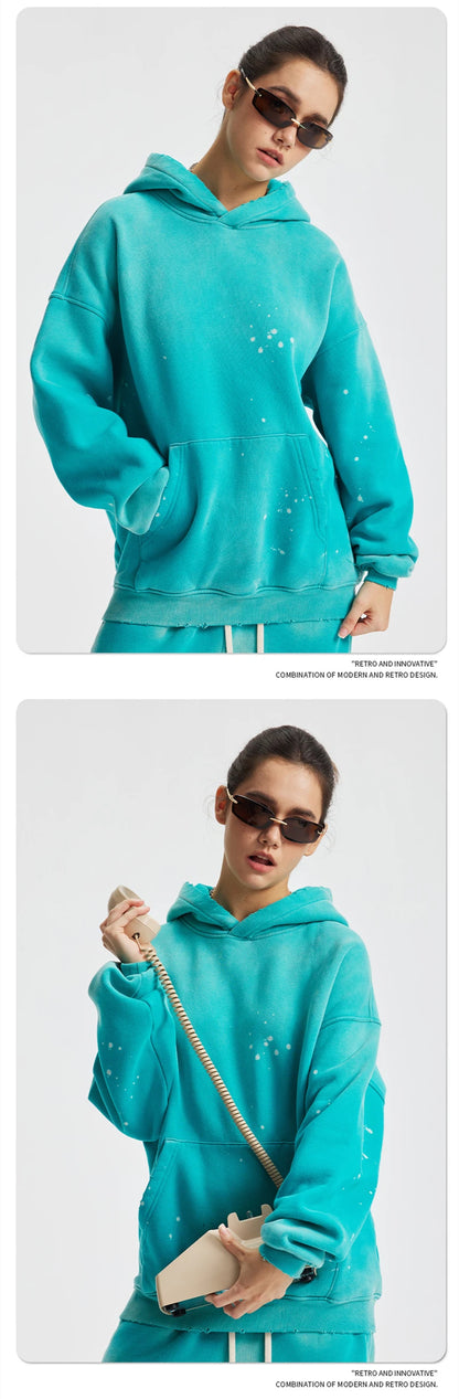 ZODF Trendy Men Washed 360gsm Fleece Hoodies Unisex Oversized Warm Paint Distressed Hooded Pullovers Winter Coat HY0947