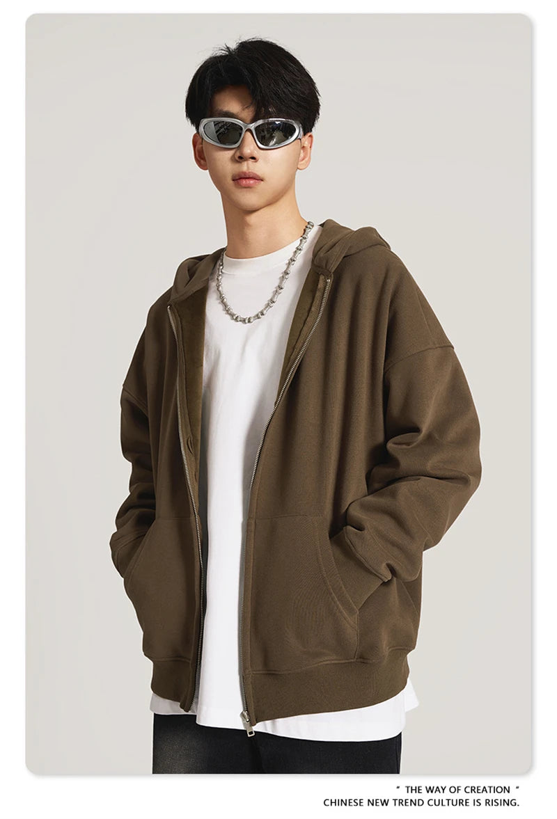 ZODF New Winter Men Zipper Fleece Hoodies Unisex Loose Heavy Weight Thick Warm Basic 420gsm Hooded Coats Hoodie HY0747