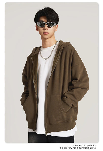 ZODF New Winter Men Zipper Fleece Hoodies Unisex Loose Heavy Weight Thick Warm Basic 420gsm Hooded Coats Hoodie HY0747