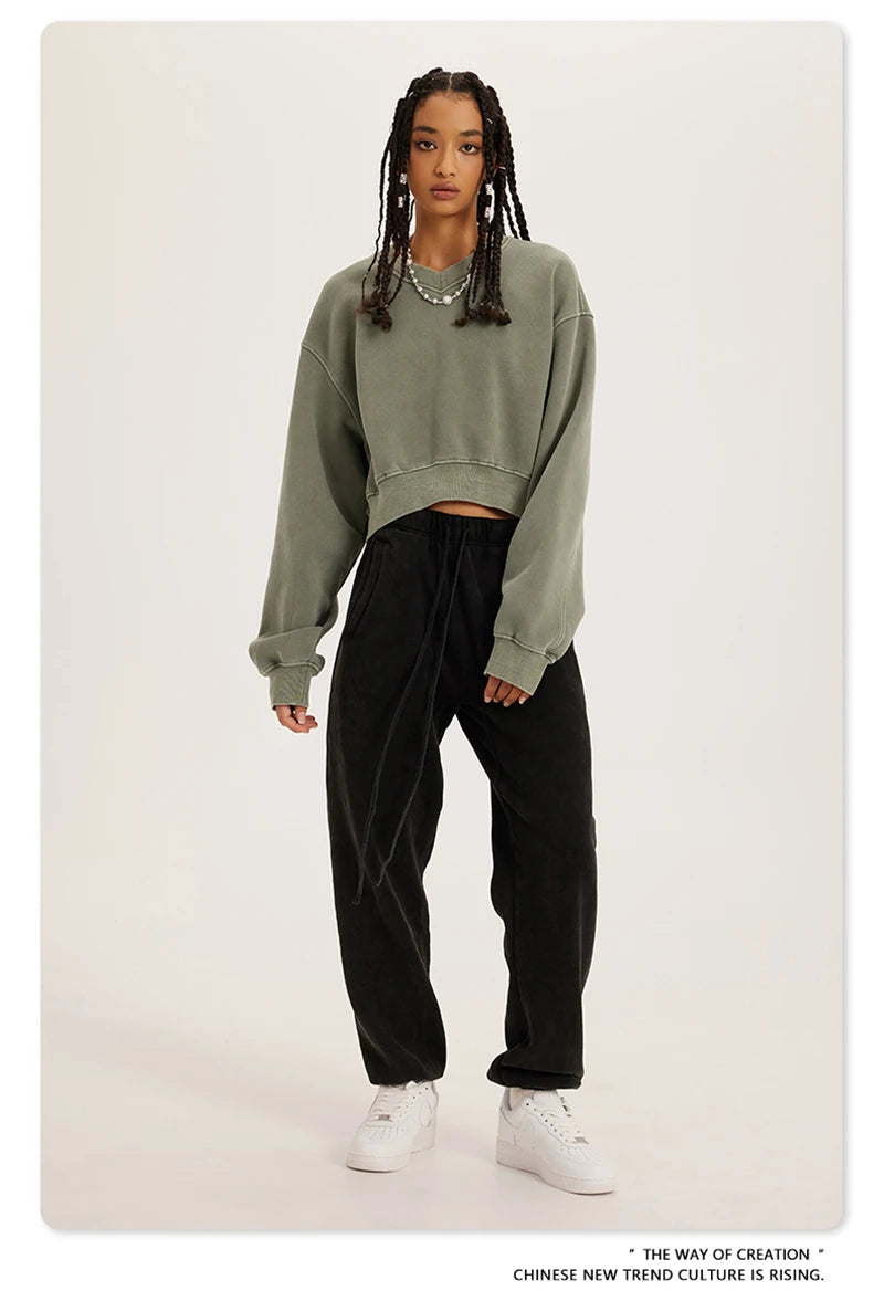 ZODF Winter Women Short Fleece Cropped Sweatshirts Girls Female Hip Hop Loose 400gsm V-Neck Pullovers Brand Tops HY0437