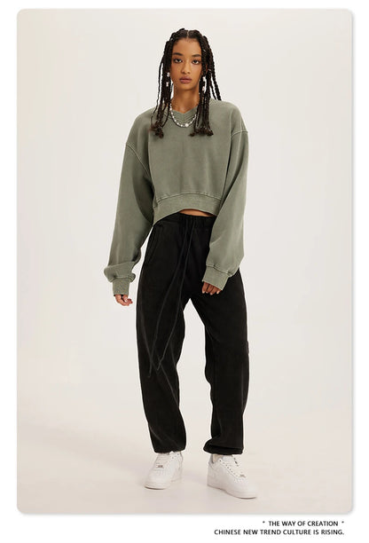 ZODF Winter Women Short Fleece Cropped Sweatshirts Girls Female Hip Hop Loose 400gsm V-Neck Pullovers Brand Tops HY0437