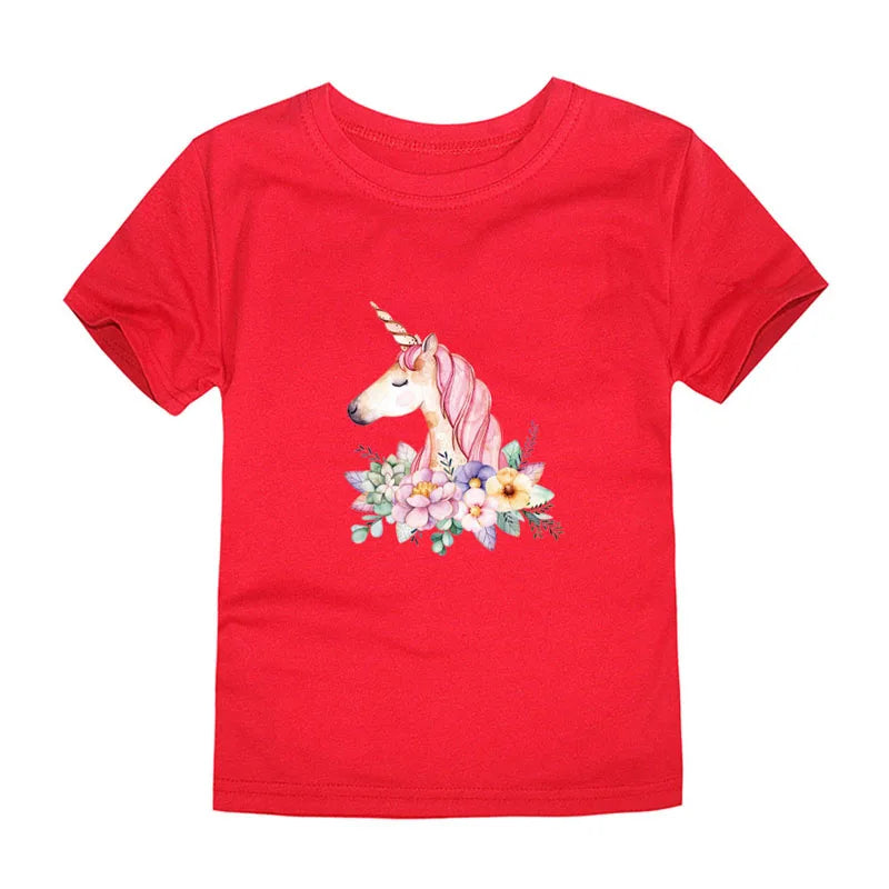 Child Kids Tshirts for Girls Clothes 2024 New Summer Pink Red Blue Luxury Toddler Girl T Shirt Kawaii Unicorn Flower Korean Tees