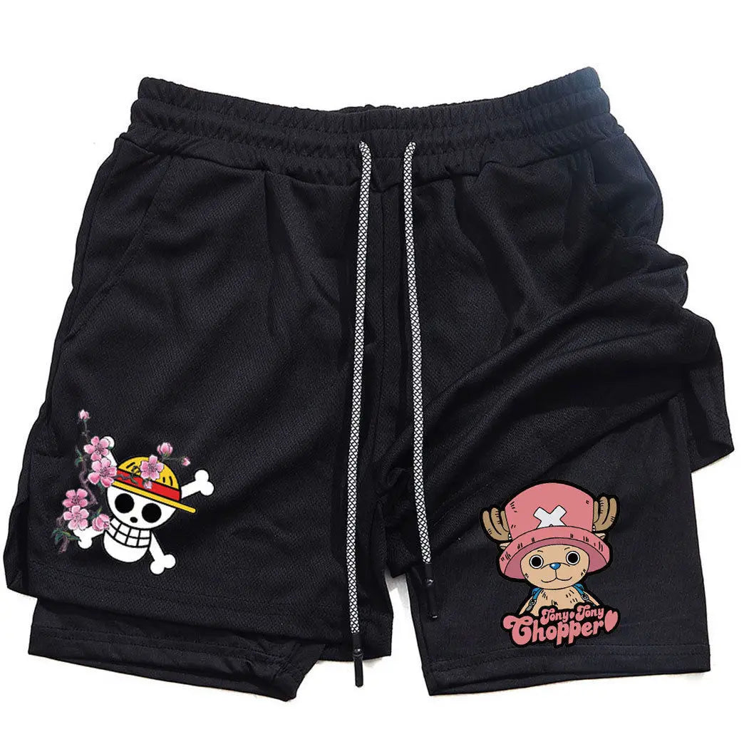 New Summer One Piece Anime Gym Shorts Man Women Double-Layer Mesh Breathable Sports Shorts Y2k Casual Fitness Quick-drying Pants