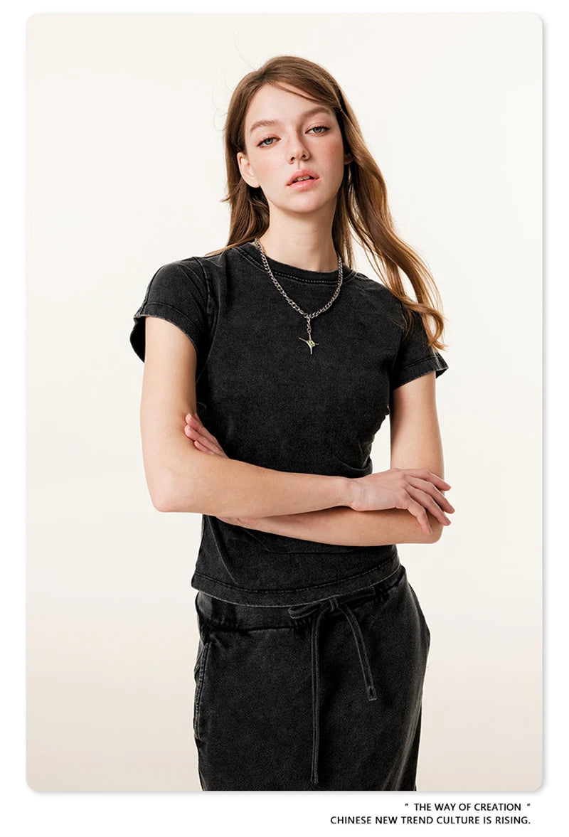 ZODF Retro 2025 Summer Women 285gsm T-Shirts Hotsweet Girls Sexy Slim Fit Washed Distressed T Shirt Brand Tees HY1013