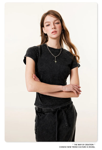 ZODF Retro 2025 Summer Women 285gsm T-Shirts Hotsweet Girls Sexy Slim Fit Washed Distressed T Shirt Brand Tees HY1013