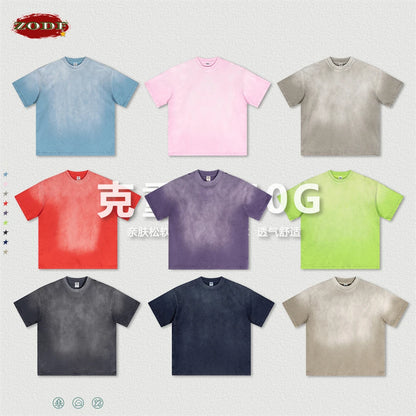 ZODF 2024 Summer Men Washed Gradient T-Shirts Unisex Women Distressed 250gsm Cotton T Shirt Brand Tees Streetwears HY0814