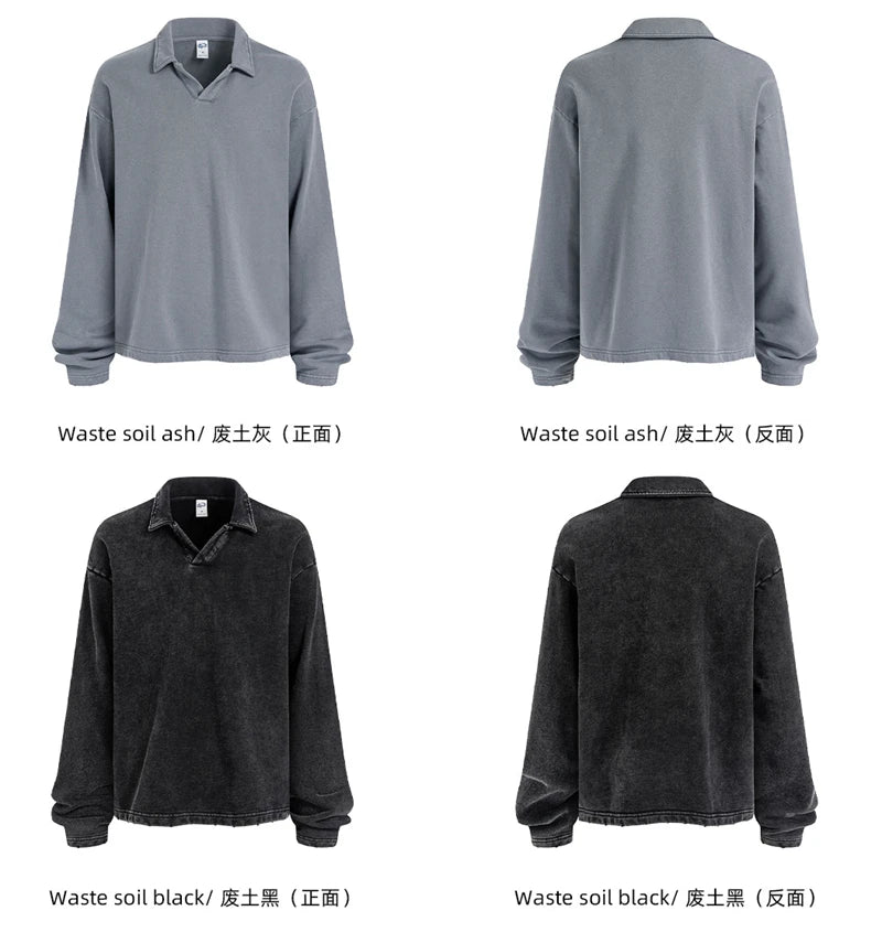 ZODF Retro Heavy Weight 400gsm Washed Cotton T-Shirts For Man Unisex Full Sleeve Turn Down Collar T Shirt Brand Tops HY1087