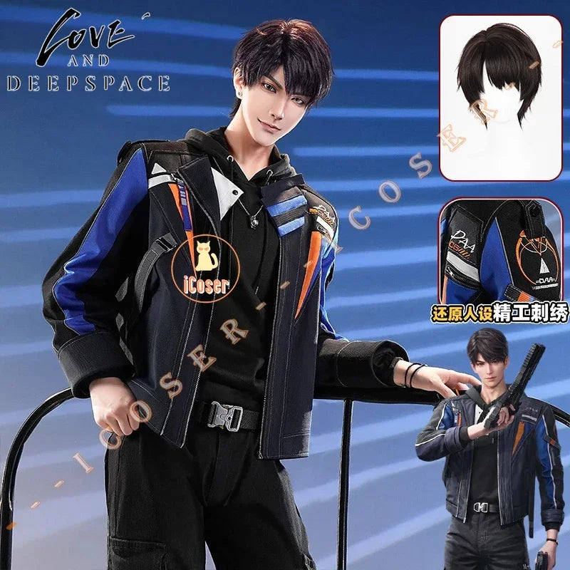 iCoser Love and Deepspace Caleb Cosplay Costume Wig Flying Jacket Uniform Necklace Halloween Party for Women Men Carnival Props