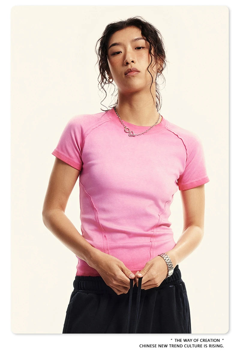 ZODF 2024 Summer Hotweet Washed T Shirt For Women Girls Gradient Raglan Sleeve Comfortable Short Tees Brand Tees HY0826