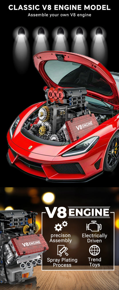 Brick V8 Engine Motorized Simulation Model Electrically Drive Building Blocks Technical Car Parts Creative Toys Gifts Boys Adult