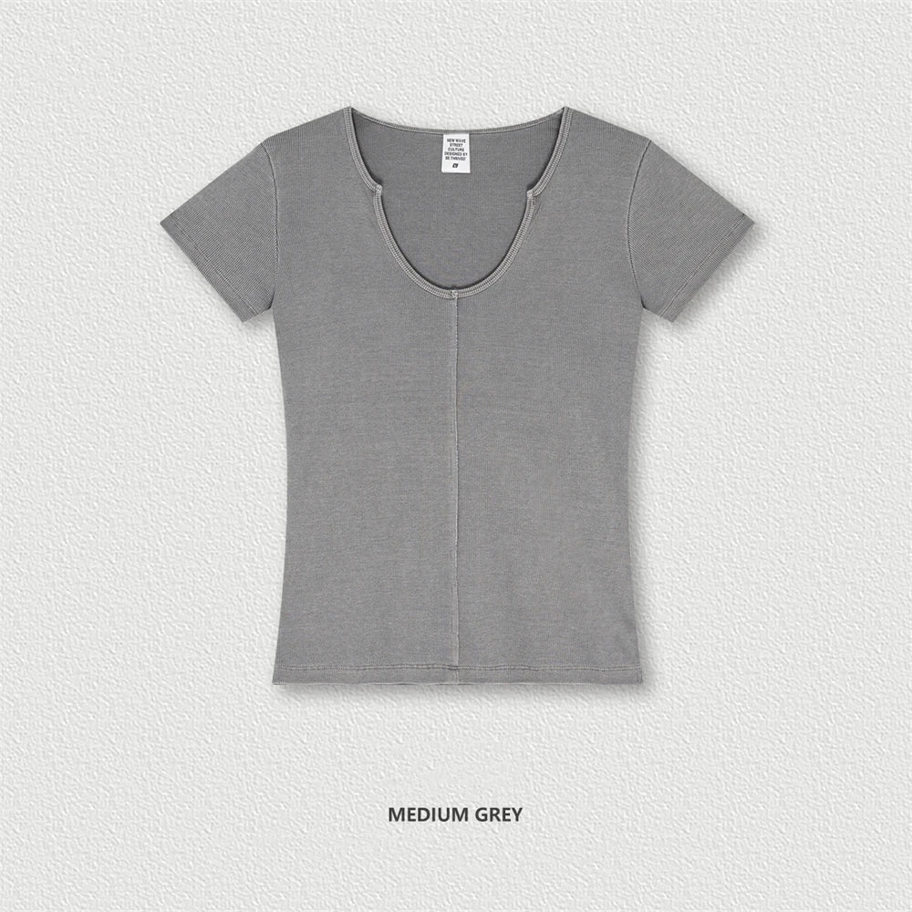 ZODF Women Retro 2025 Summer 275gsm U Collar Washed T-Shirts Hotsweet Girls Sexy Slim Fit T Shirt Brand Tees HY0992