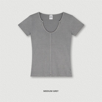 ZODF Women Retro 2025 Summer 275gsm U Collar Washed T-Shirts Hotsweet Girls Sexy Slim Fit T Shirt Brand Tees HY0992