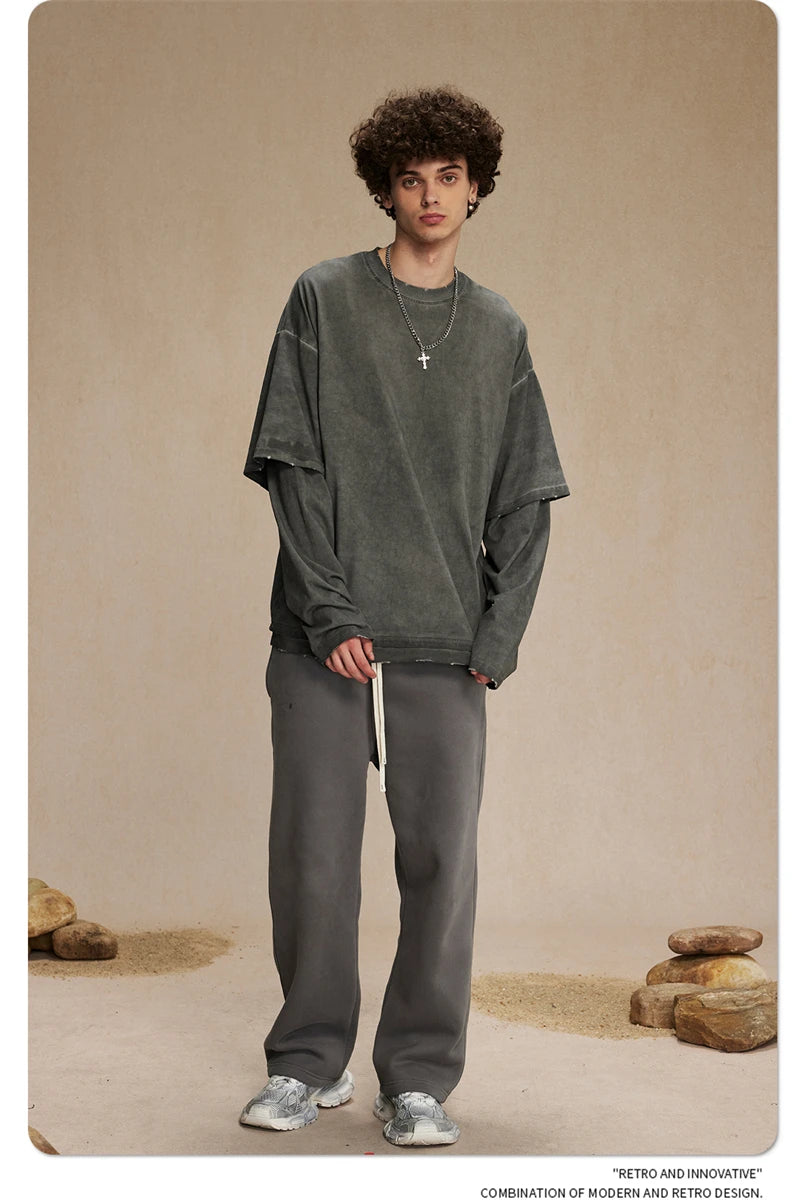 ZODF New 2024 Autumn Fake 2 Pieces T-Shirt For Men Unisex Loose Solid Long Sleeve O-Neck 305gsm Cotton T Shirt Brand Tops HY0944