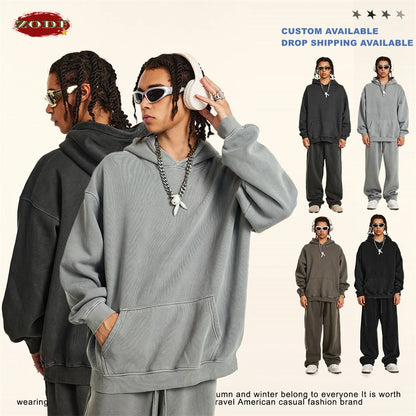 ZODF 2024 Winter Unisex Washed Fleece Hoodies 360gsm Warm Loose Retro Hooded Sweatshirts HY0870