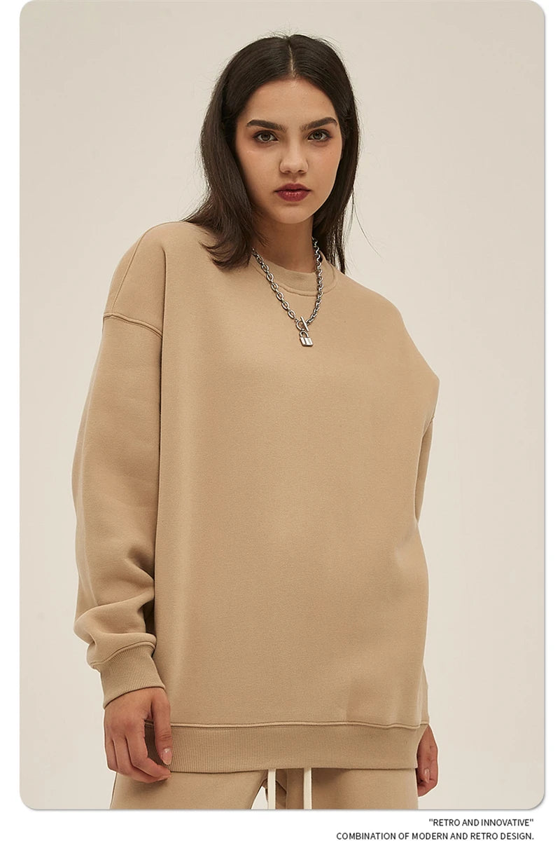 ZODF New 2025 Winter 350gsm Fleece Sweatshirts For Men Unisex Casual Loose Basic Solid O-Neck Thick Warm Pullovers HY0635