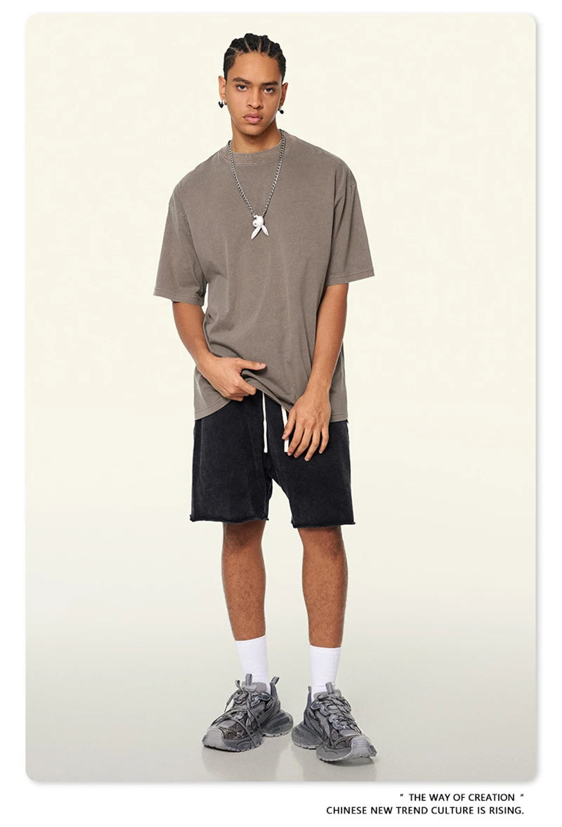 ZODF New Spring Summer 200gsm Washed Cotton T Shirts For Men Unisex Women Retro Casual Basic Solid T-Shirt Brand Tees HY0775