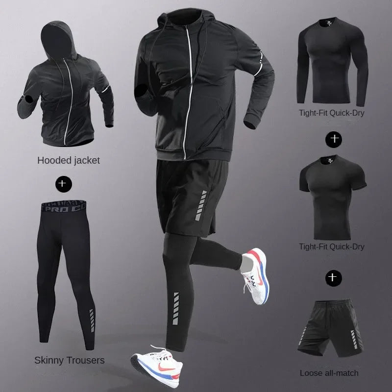 3-7pcs Men’s Ice Fiber Quick-Dry Running Fitness Tracksuit Full Set for Marathon Training Cycling Jogging Gym