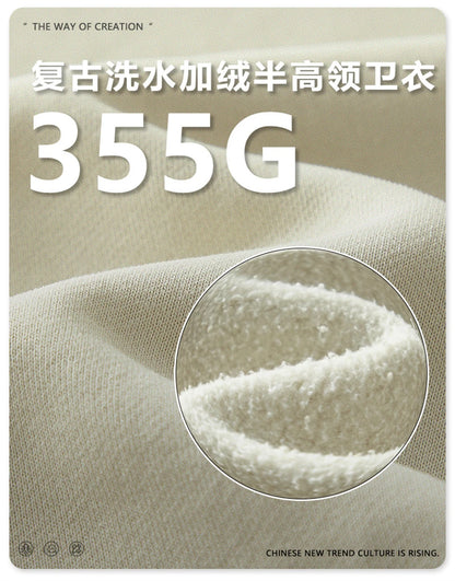 ZODF New Men Winter 355gsm Washed Fleece Sweatshirts Retro Unisex Oversized Solid O-Neck Warm Pullovers Coat Streetwears HY0639