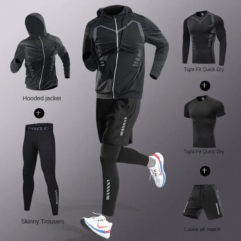 3-7pcs Men’s Ice Fiber Quick-Dry Running Fitness Tracksuit Full Set for Marathon Training Cycling Jogging Gym