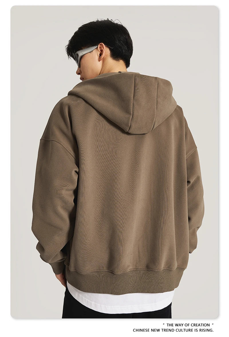 ZODF New Winter Men Zipper Fleece Hoodies Unisex Loose Heavy Weight Thick Warm Basic 420gsm Hooded Coats Hoodie HY0747