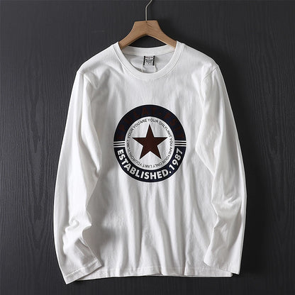 2025 Autumn New American Retro Long-sleeved O-neck Letter Printed T-shirt Men's Fashion 100% Cotton Washed Casual Sport Tops