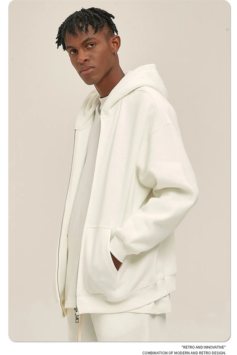 ZODF New Men Double Headed Zipper Fleece Hoodies Unisex Loose Basic Solid Warm Hooded Sweatshirts Coats For Winter HY0633